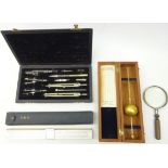 Draughtsman's cased set of drawing instruments, brass hydrometer in mahogany box,