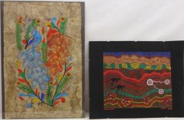 Peacocks, 20th century abstract painting on fabric paper unsigned and 'Kamilaroi Country',