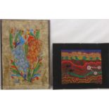 Peacocks, 20th century abstract painting on fabric paper unsigned and 'Kamilaroi Country',