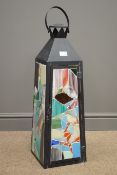 Tall lantern, with four coloured panes, battery operated light, W23cm, H80cm,