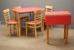 Two retro Formica kitchen drop leaf tables in red finish, (W90cm, H76cm, D88cm,