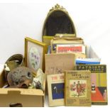 Two WW1 humorous books, Pickelhaube helmet for restoration, slide rule in leather case,