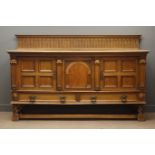 Edwardian oak sideboard, raised arcade carved back, three cupboards, geometric moulding,