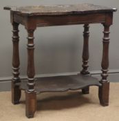 Victorian carved oak two tier table, shaped top, turned supports joined by undertier, W76cm, H75cm,
