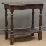 Victorian carved oak two tier table, shaped top, turned supports joined by undertier, W76cm, H75cm,