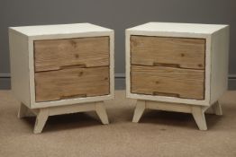Pair rustic waxed paint finish and reclaimed pine two drawer bedside chests, W50cm, H56cm,