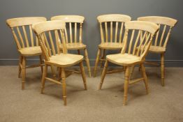 Set six farmhouse style beech dining chairs and a matching farmhouse style beech armchair