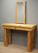 Waxed pine console table with single drawer (W116cm, H85cm, D45cm),