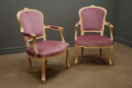 Pair French Louis style armchairs, carved cresting rail, upholstered backs,