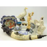 Chinese bone opium pipe with carved figural decoration, L66cm, Japanese bowl in the Imari pallet,