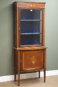 Edwardian inlaid mahogany display cabinet, projecting cornice,