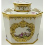 20th century Continental porcelain tea canister decorated with painted two vignettes of a couple in