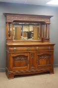 Edwardian walnut sideboard raised bevel edged mirror back, projecting cornice,