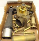 Brass cased camera lens, telescopes, other lenses, 12x spotting scope, parallel rule,