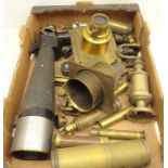 Brass cased camera lens, telescopes, other lenses, 12x spotting scope, parallel rule,