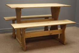 Pine table, solid end supports joined by single stretcher, (W61cm, H76cm, L121cm),