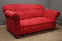 Pair early 20th century two seat drop end sofas, upholstered in red fabric,