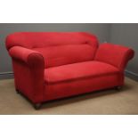 Pair early 20th century two seat drop end sofas, upholstered in red fabric,