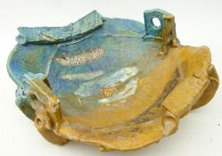 Peter Hough (British Contemporary) stoneware fired textured bowl in turquoise and amber glaze,