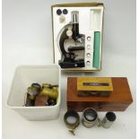 Students microscope in original box with slides and tools, lenses,