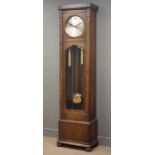 Early 20th century oak longcase clock, silvered Arabic dial, triple weight driven movement,