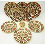 Royal Crown Derby 'Old Imari' ceramics comprising circular box and cover, three dinner plates,