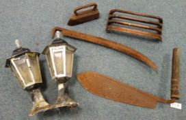 Pair Victorian style street lamps, scythe blade and hand held sycthe,