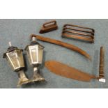 Pair Victorian style street lamps, scythe blade and hand held sycthe,