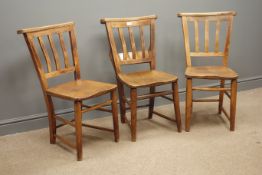 Set three early 20th century ash and elm chapel chairs with slat backs and turned supports