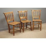 Set three early 20th century ash and elm chapel chairs with slat backs and turned supports