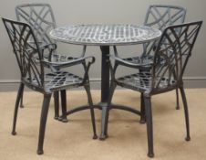 Black finish wrought metal circular garden table, (D86cm, H74cm), and four armchairs.