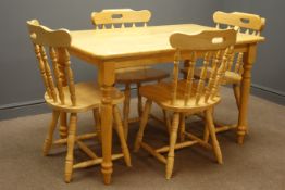 Pine farmhouse style kitchen table, turned supports, (W77cm, H76cm, L122cm),