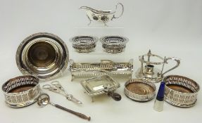 Early 20th century silver-plated chamberstick, five silver-plated coasters and bottle coaster,