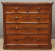 Victorian figured mahogany chest, two short and three long drawers on plinth base, W123cm, H115cm,
