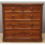 Victorian figured mahogany chest, two short and three long drawers on plinth base, W123cm, H115cm,