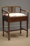 Edwardian inlaid mahogany piano stool, hinged and upholstered seat,