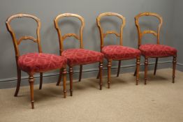 Set four Victorian inlaid walnut salon chairs, upholstered seats, turned supports.