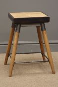 Contemporary steam punk oak stool, rustic leather style edge banding, turned legs, metal stretchers,
