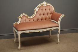 Small chaise lounge, back scrolled and carved with foliate and shell,