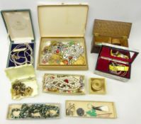 Collection of costume jewellery, mother-of-pearl musical jewellery box, compact,