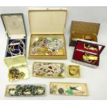 Collection of costume jewellery, mother-of-pearl musical jewellery box, compact,