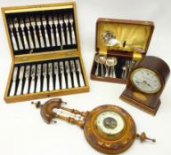 Victorian carved oak barometer, set of twelve Edwardian dessert knives and forks,