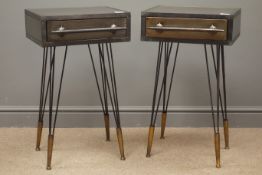 Pair industrial steam punk style bedside cabinets, single drawer, hairpin legs, brass cone feet,
