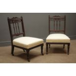 Pair Edwardian walnut framed nursing chairs, carved cresting rails, upholstered seats,