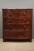 Early Victorian figured mahogany bow fronted chest, two short and three long drawers,