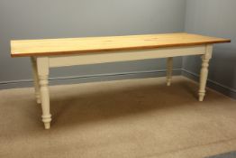 Large rectangular pine farmhouse style kitchen table, with turned supports, ivory paint finish,