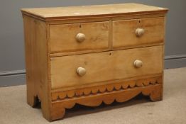 Early 20th century pine chest, two short and one long drawer solid end supports,
