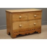 Early 20th century pine chest, two short and one long drawer solid end supports,