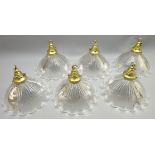 Set of six early 20th century Holophane hanging light fittings with reeded clear glass shades and