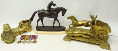 Bronzed figure of a Jockey riding a horse 'At The Start', on marble style base, H26cm,